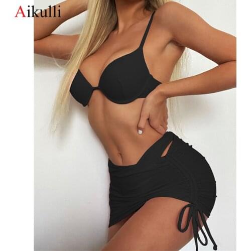 Sexy Bra Underwire Bikinis Swimsuit Women Three Pieces With Skirt Bikini Set 2021 Summer Beach Bathing Suits Brazilian Swimwear