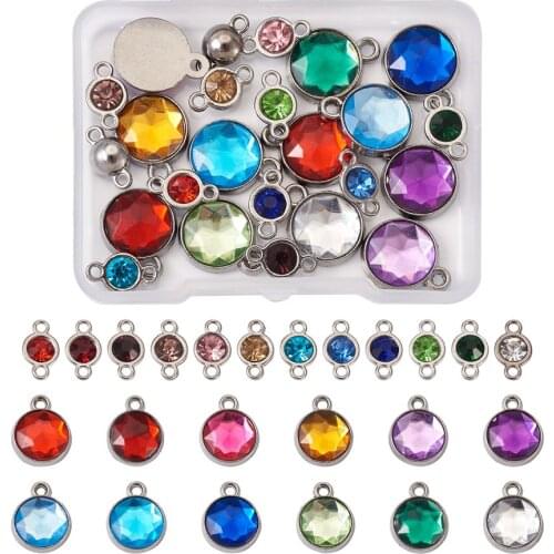 48pcs/Box Platinum Plated Alloy Glass Rhinestone Charms Flat Round for DIY Jewelry Pendant Bracelet Necklace Making Accessories