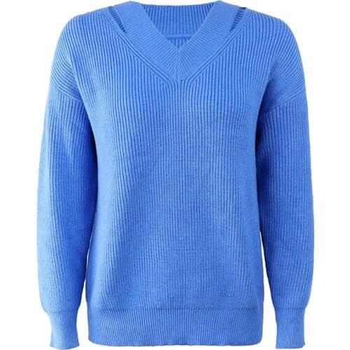 V Neck Sweater Women 2021 Fashion Off Shoulder Knitted Top Ladies Pullover Jumer Autumn Winter Clothes Solid Casual Pull Kniwear