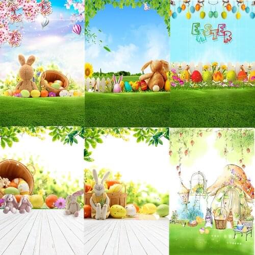 SeekPro Spring Easter Holiday Party Rabbit Bunny Wood Grass Floor Eggs Flower Child Kids Photo Background Photography Backdrop