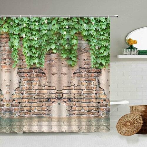 Vintage Old Stone Wall Shower Curtain Green Plants Flower Vines Garden Natural Landscape Country Rural Barn Bathroom Curtains