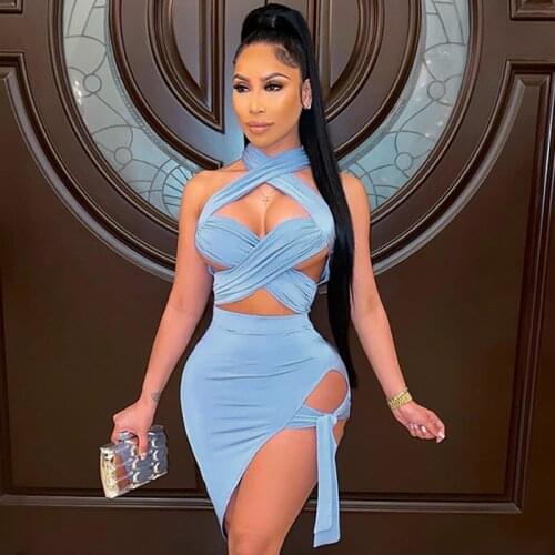 Wsevypo Women’s 2Pieces Outfits Sexy Solid Color Skirts Suits Criss Cross Bandage Halter Crop Tops+Tie Up Split Midi Skirt Lady