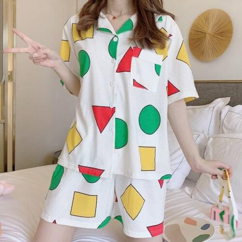 Japan Pajamas Set Female Crayon Anime Print Homewear Girls Women Sleepwear Hot Summer Short Sleeves Pants Cute Night Shirts Ins