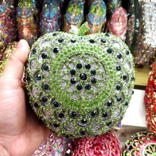 Green Apple Shape Luxury Crystal Bag Girls Evening Party Bag Famous Design Lady Wedding Clutch Purse (88307-I)