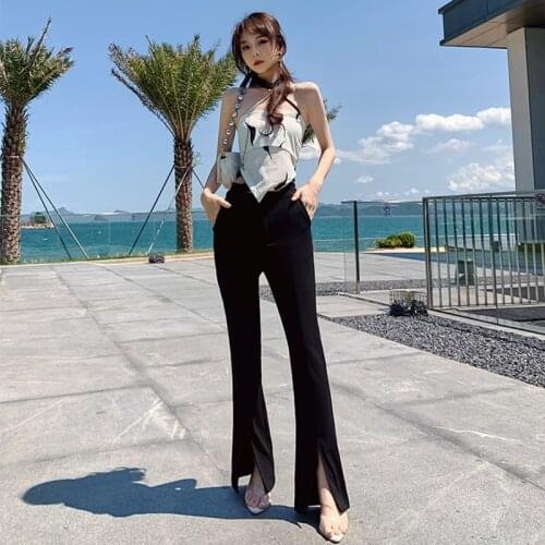 Women Vintage Streetwear Sexy Halter Sleeveless Print Short Tops Shirt Blouse Casual High Waist Flare Pants Femal 2 Pieces Sets