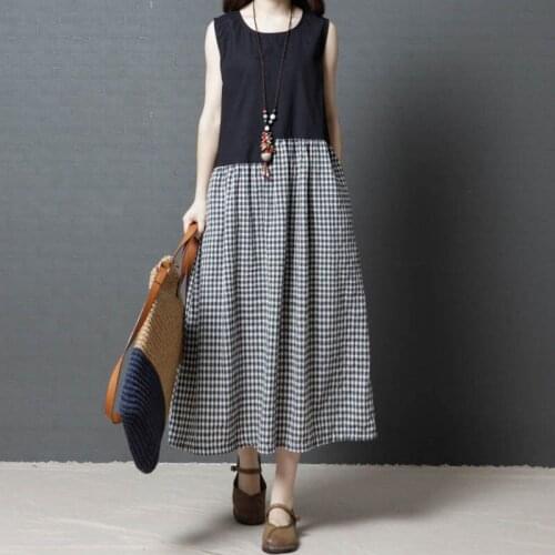 Big yards ms Korean loose cotton and linen dress lady summer new 2019 grid splicing fashion round collar sleeveless vest dresses