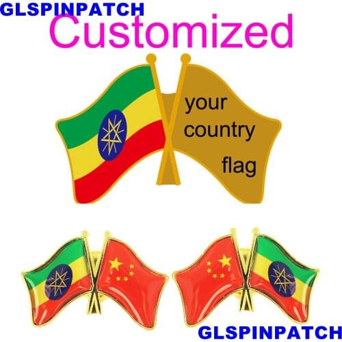 Ethiopia Crossed Friendship Flag Double Country lapel pin Brooch USA UK France Chile Russia Saudi Arabia Japan Spain Badge