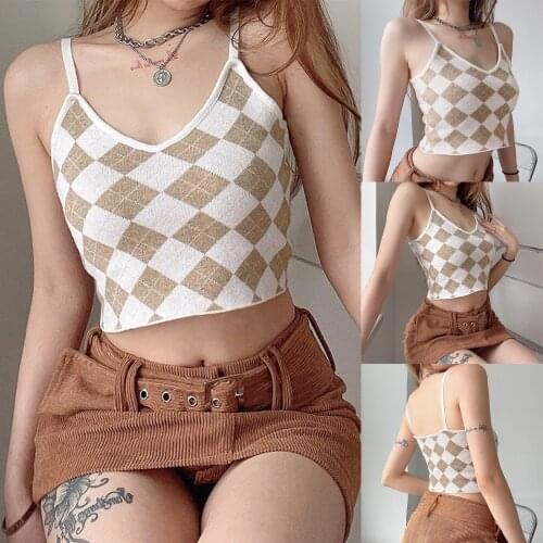 2021 New Vintage Women Sexy Crop Cami Tops Plaid Print Sleeveless V Neck Camisole Y2K Girls Streetwear 90s Summer Outfits