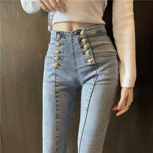 2021 Chic High Waist Stretch Female Skinny Jeans Trousers Solid Slim Leggings Fashion Double-row Buttons Denim Pencil Pants X14