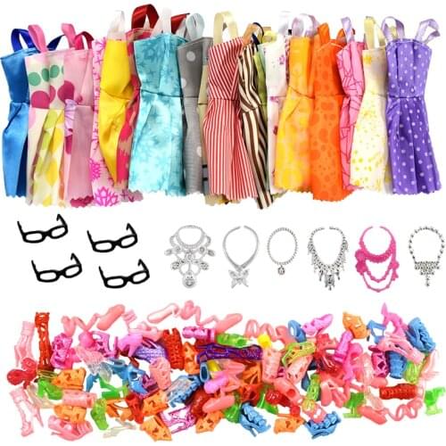 30 Item/Set Doll Accessories=10 Pcs Mixed Doll Clothes Dress+10 Pairs Doll Shoes +4 Glasses+6 Plastic Necklace for Barbie doll