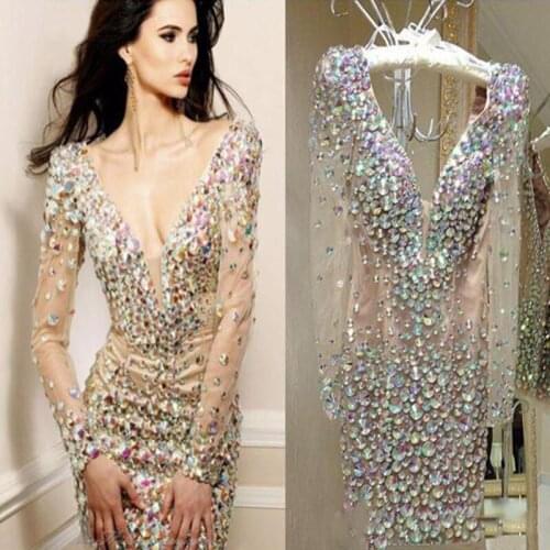 Sparkling Rhinestone Mini Club Wear Dress Party Gowns 2019 Deep V Neck Long Sleeves Sexy Cocktail Short Prom Dresses
