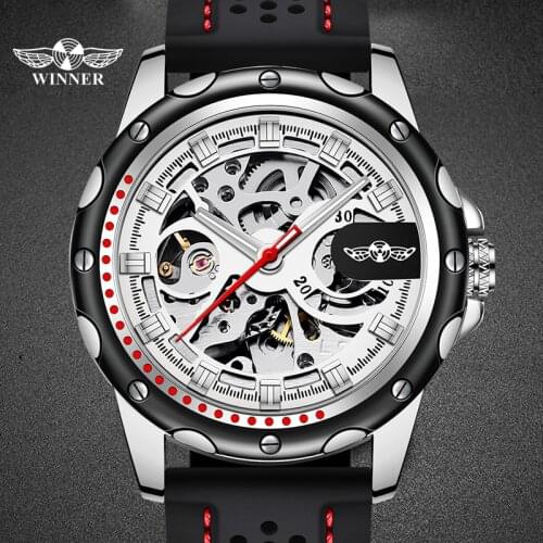 WINNER Clock Automatic Mechanical Mens Watch Men Clock Top Luxury Skeleton Silicone Black Male Wristwatches