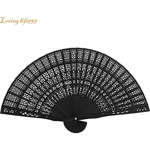 Black Hand-made Antique Craft Fan Vintage Hollow Incense Wood Lady Folding Fans Chinese Style Bamboo Carving Portable Fan #LR3