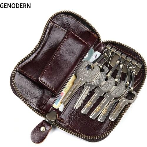 GENODERN Genuine Leather Key Wallets with Coin Pocket Vintage Man Key Holder Cowhide Housekeeper Coffee Key Purse for Men
