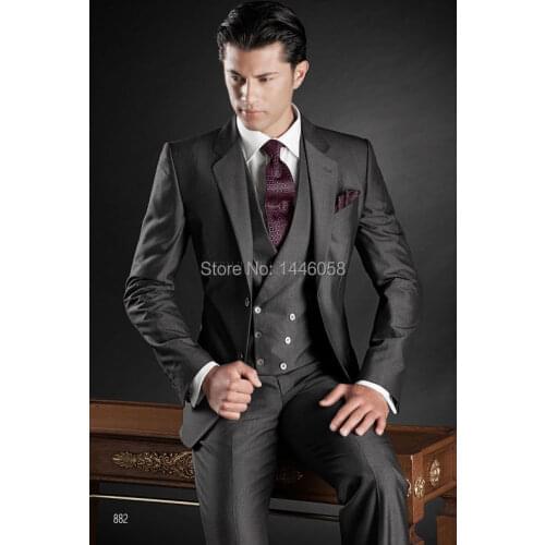 Custom Made 2016 Charcoal Business Formal Suit Groom Tuxedos Best Man Peak Lapel Men Wedding Suits (Jacket+Pants+Vest +tie)