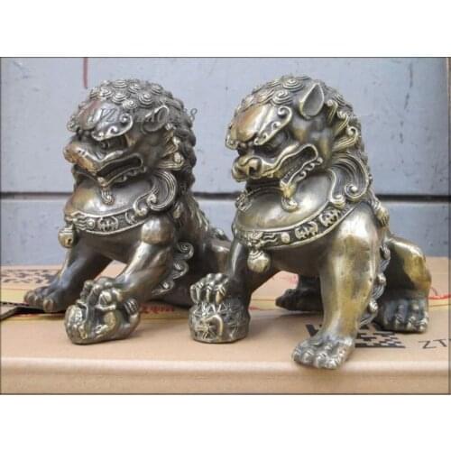 China Bronze Double Lion King door keeper guard FOO DOG LION animal Pair Garden Decoration 100% real Brass Bronze
