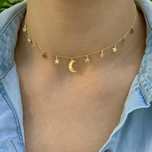 HebeDeer Trendy Necklace For Women Jewelry Gold Color Moon Star Pendant Link Chain Necklace Girl Gift Collares Wholesale