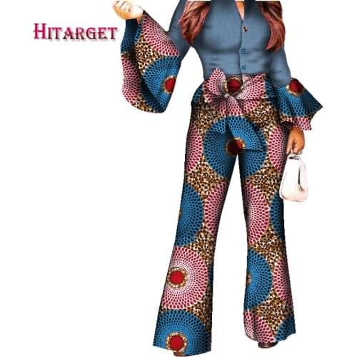 2020 African Print Women Pant Set V-Neck Speaker Sleeve Romper Wide Leg Pants African Ladies Jumpsuits Rompers WY2772