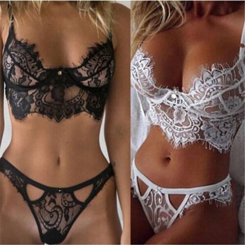 Sexy Black White Trim Lace Unlined lingerie Set Hot Women V Neck Sleeveless Wireless Bralettes and Briefs Intimate Lingerie Sets