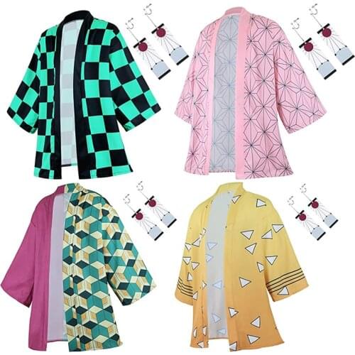 Kimono Anime Demon Slayer Cosplay Costume Kimetsu No Yaiba Kamado Tanjirou 3D Printing Tops+Earring Coats Casual Cloak Halloween