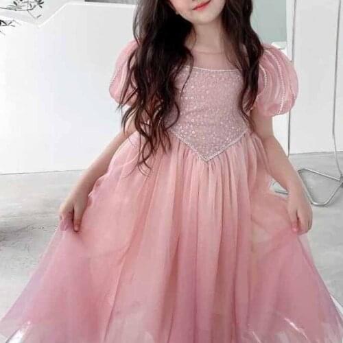 Summer Girls' Princess Dress Puff Sleeves Birthday Dress Sequins Shiny Outfits Performance Costume Big Kids ChildrenS Clothes