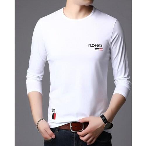 Mens Causal T-shirt Round Neck Long Sleeve Cotton Shirt Solid Color Classic Style Spring Autumn Streetwear Male Top Tees