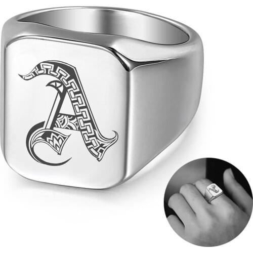 Mens Rings 18mm Initial Letter A-Z Signet Stainless Steel Retro Silver Color Wedding Engagement Band Ring Custom Jewelry LHR439