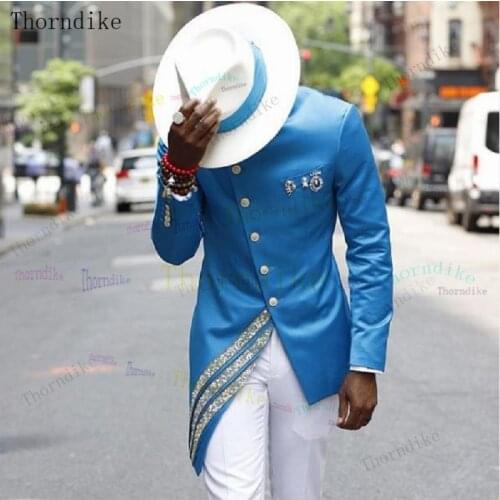 Thorndike Mens Suits Two-piece Set Wedding Groom Groomsman Suits Yellow Pink Blue Khaki Stage Singers Costume Latest Coat Pant