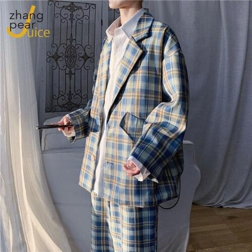 Men Blazer Suit Set Plaid Male Fashion Print Blazers Suits For Men Suit Male Blazers Suits Casual Blazer+Loose Wide Leg Pants