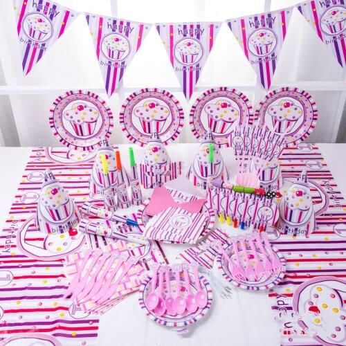Baby Party Supplies Set For 6 People Kids Pink Ice Cream Printing Birthday Party Supplies Baby Gift
