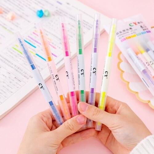 6 Colors/Lot Creative Kawaii Double Head Pastel Highlighters Set Cute Fluorescent Marker Pen For School Japanese Stationery