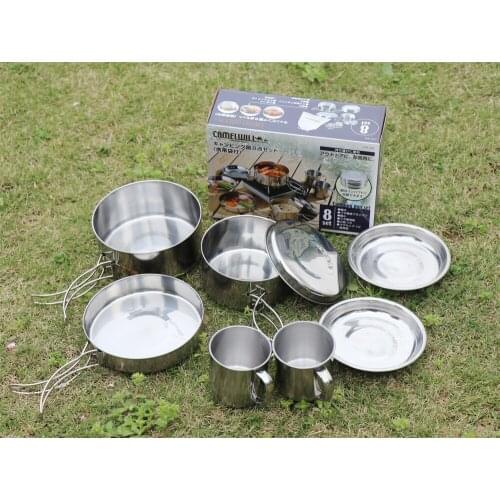 8pcs Picnic Camping Cookware Set Ultra-Light Portable Outdoor Pan Pot Travel Stainless Steel Cooking Kits Utensils Hiking X591D