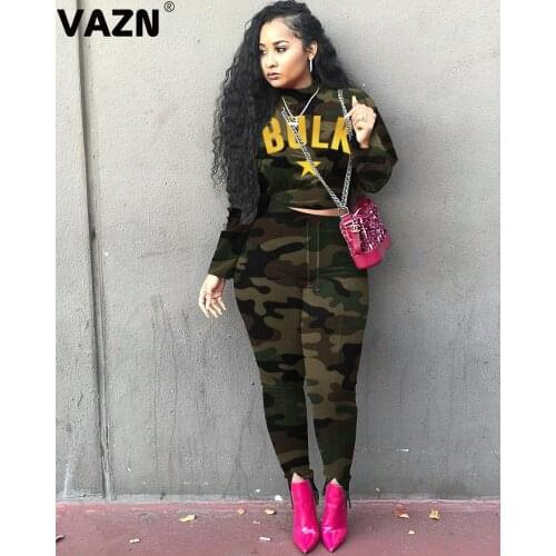 VAZN 2020 New Punk Style Camouflage Sport Running Casual O-Neck Outfits Tracksuits Sexy Full Sleeve Full Pants Set