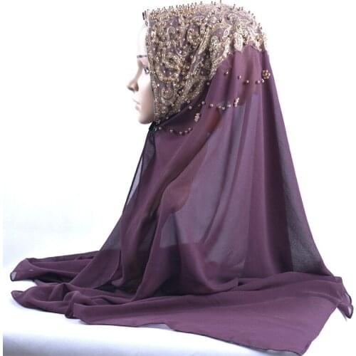 New Arrival Premium Plain Chiffon Hijab Scarf For Muslim Female Gold Pearl Glitter Islamic Turban Headband Shinny Shawl 170*70cm
