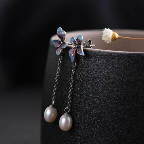 Original design cloisonne enamel porcelain craft long pearl earrings Chinese retro elegant charm womens silver jewelry