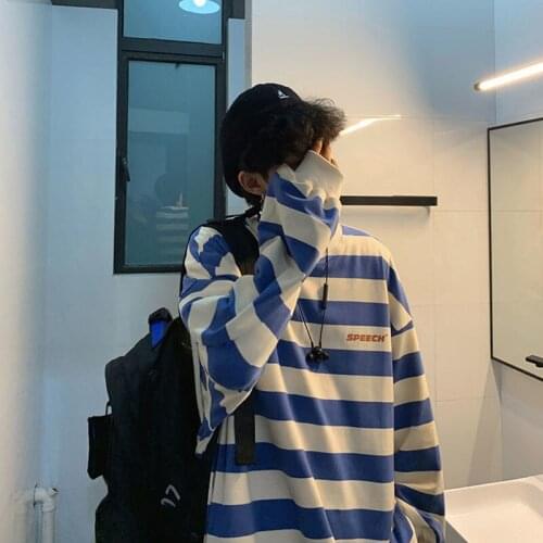 Autumn long-sleeved T-shirt mens loose top Korean version trend hip-hop striped jacket