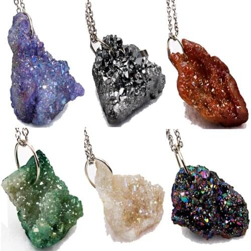 Natural Rough Stone Colorful Druzy Pendant Necklace Irregular Size Raw Drusy Necklace with Chain 18" Assorted Design