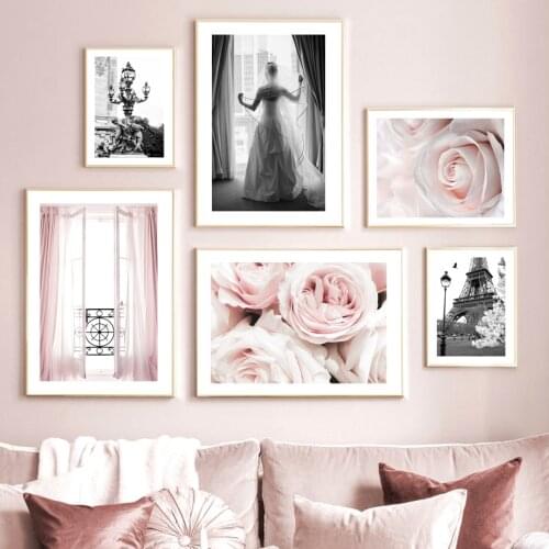 Paris Balcony Lady Tower Pink Rose Flower Nordic Posters And Prints Wall Art Canvas Painting Decoration Pictures For Living Room