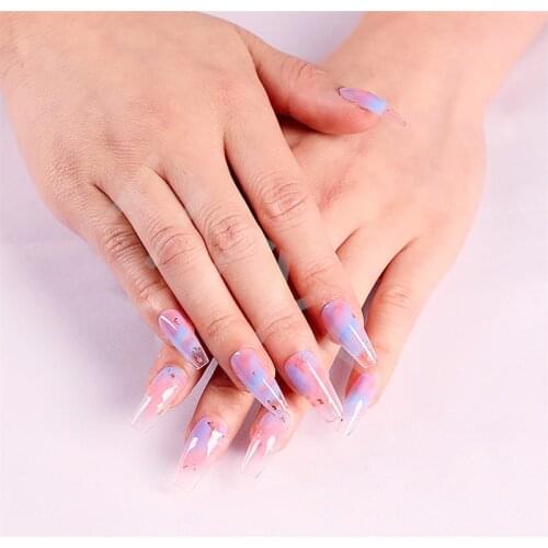 SM19-0441 Reusable 24PCS Set Jelly Gel Acrylic Long Coffin Press On Nail Full Cover Pre Designed Glue On Nails