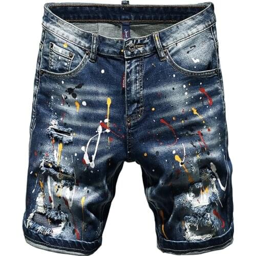 New Mens Male Summer Painted Ripped Denim Shorts Streetwear Slim Holes Stretch Jeans Breeches trousers