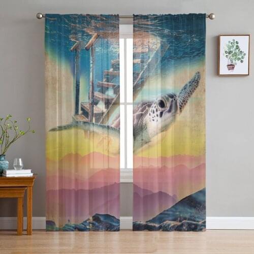 Sky Sea Turtle Mountain Window Treatment Tulle Modern Sheer Curtains for Kitchen Living Room the Bedroom Curtains Decoration