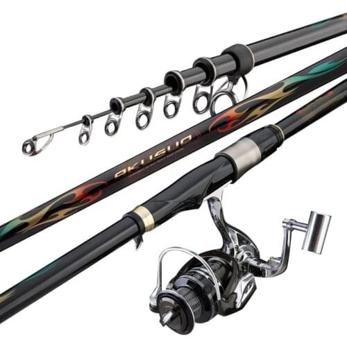 5# Rock Fishing Rod Long Section Distance Throwing Pole Carbon Fiber Super Hard Telescopic Fishing Canne with Reel 2.7M-5.4M