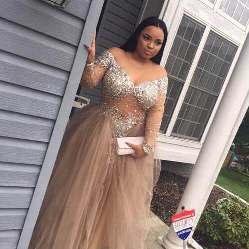2019 Pretty Champagne South African Prom Dress A-Line Illusion Long Sleeve Banquet Evening Party Gown Custom Made Plus Size