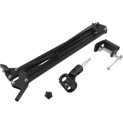 Extendable Recording Microphone Suspension Boom Arm Stand Holder with Clip Table Mounting Clamp for Studio Broadcast Black
