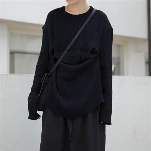 Autumn womens new round collar pure color simple loose wrinkle design feeling long sleeve T-shirt fashion trend