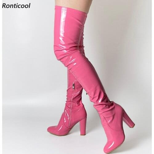 Ronticool Handmade Women Thigh High Boots Square High Heels Round Toe Pretty Purple Casual Shoes Women Us Size 5-20
