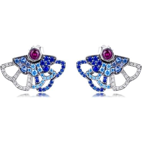 Blue & Pink Fan Statement Stud Earrings for Women 925 Sterling Silver Jewelry Pink Flower Crystal Jewellery Women Earrings