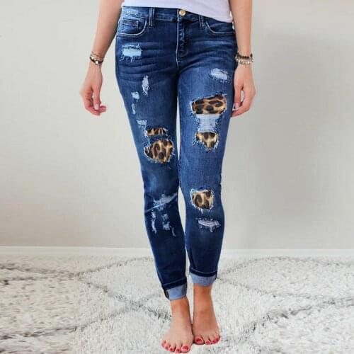 Women Plus Size 2XL Mid-waist Skinny Jeans Solid Leopard Patchwork Irregular Pencil Pant Slim Trouser