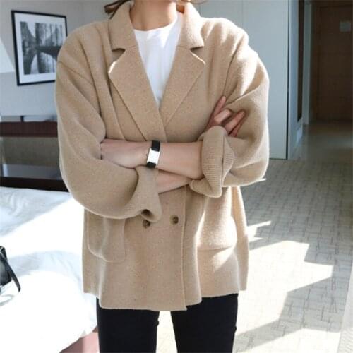 LMQ NEW Womens Double-Breasted Knitted Buttons Pockets Lapel Knitwear Autumn Winter Korean Casual Loose Sweater Cardigans Wild