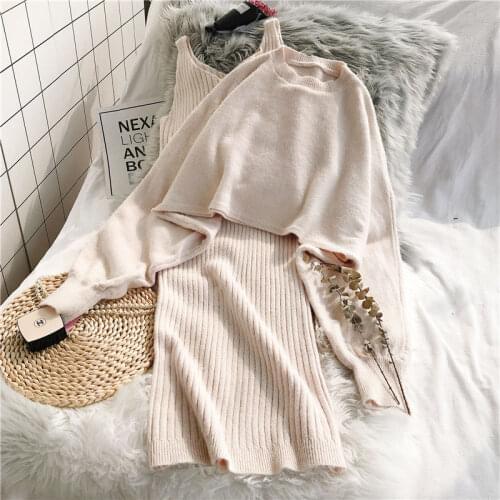Fashion 2 Piece Set Women Sexy V Neck Slim Fit Bodycon Dress Woman And Solid Color Loose Knit Sweaters 2020 Chic Two Piece Suit